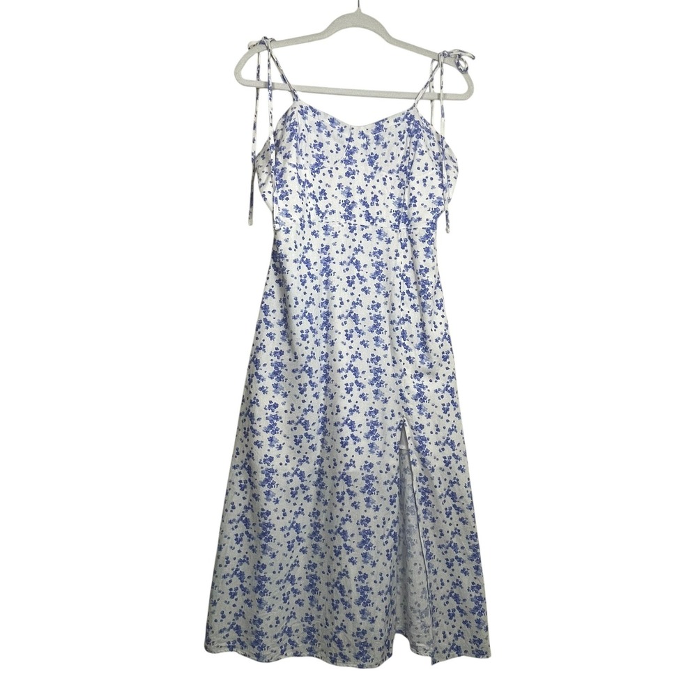 Forever‎ 21 Large Blue Floral Linen Blend Midi Dress Cottagecore Coquette